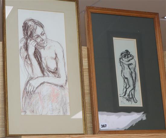 Llewellyn Petley Jones, two pastel drawings, Embracing Couple and Female Nude, signed, 25 x 9cm and 38 x 18cm